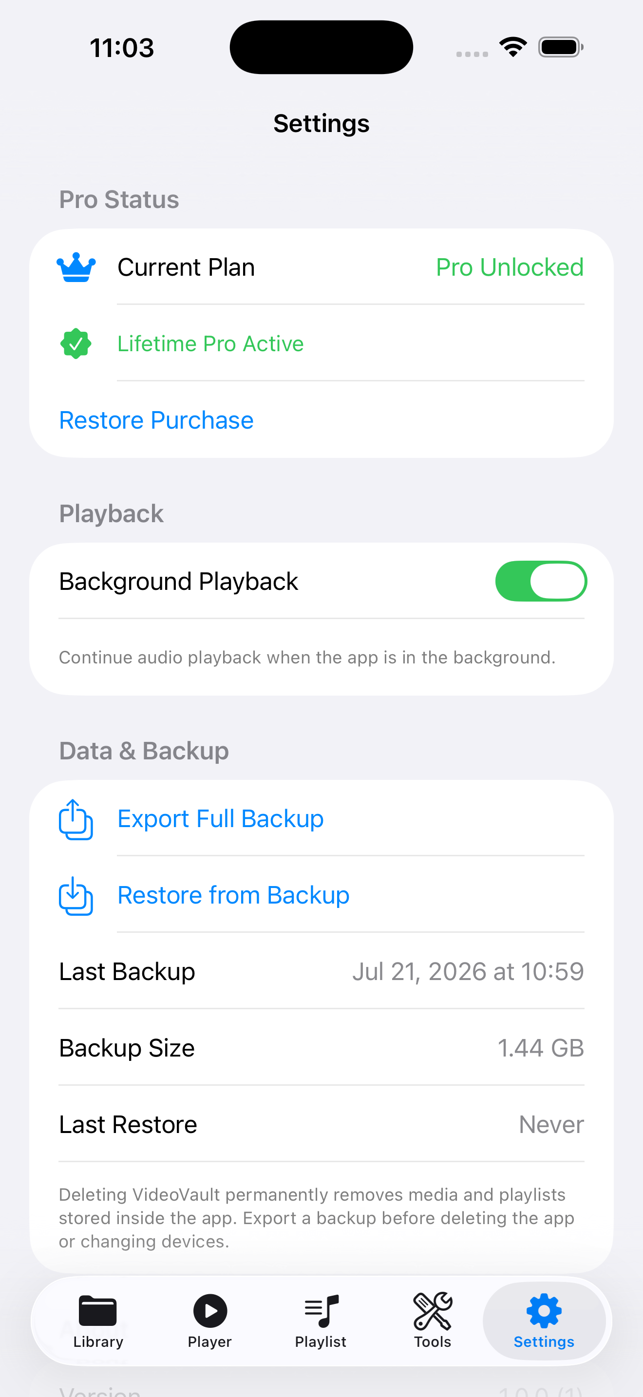VideoVault full library backup and restore